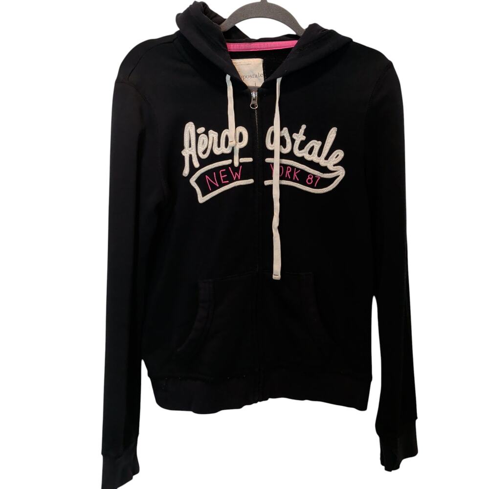 Y2K Aeropostale Women's Sz L Black Full Zip Hoodie Sweatshirt Distressed Preppy